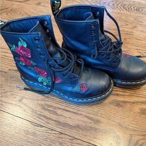 Dr. Martens Black Leather Combat Boots with Red Rose Embroidery